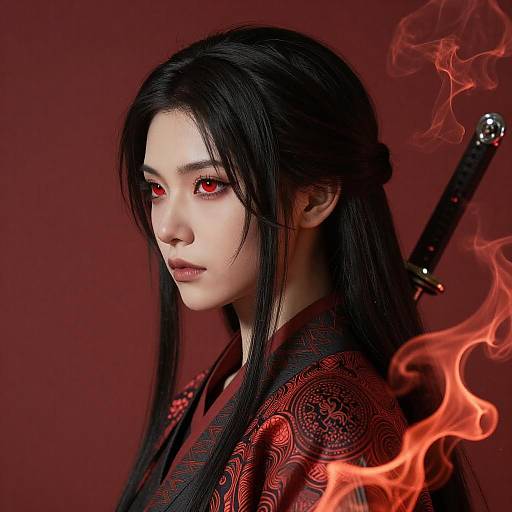 Samurai Woman with Red Eyes and Floating Smoke