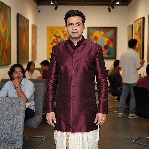 Photograph of a South Asian man in a maroon sherwani and white pants, standing in an art gallery with colorful paintings, other people seated