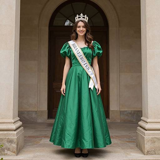 Photograph of a young woman with long brown hair, wearing a green satin gown, white sash with 