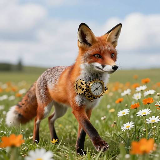 Photorealistic image of a red fox with a gold clock necklace walking through a vibrant field of white daisies and orange poppies under a blue