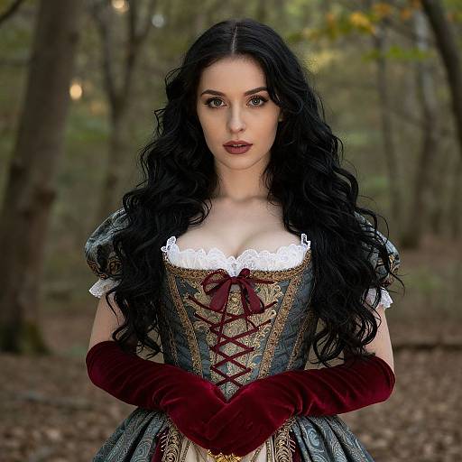 Photograph of a fair-skinned woman with long black wavy hair, wearing a blue and gold corset with white lace trim, maroon gloves