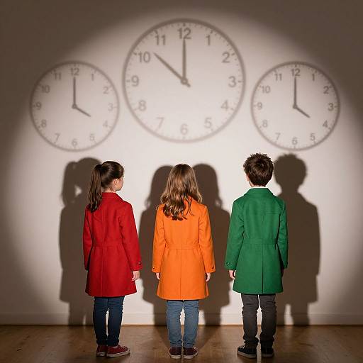 Children with Colorful Coats and Clock Shadows