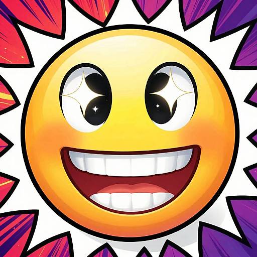 Vibrant digital illustration of a smiling yellow sun with large, sparkling eyes and wide grin, surrounded by bold, colorful rays.