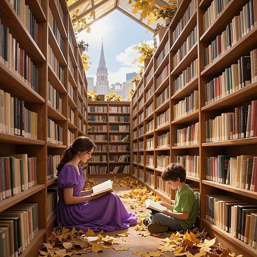 Photograph-style digital art: A girl in a purple dress and a boy in a green shirt read books in a sunlit, autumn-decorated