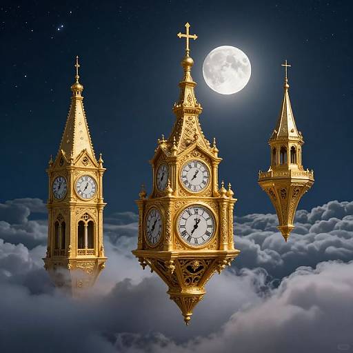 Photograph of three golden, ornate clock towers with white faces, floating above clouds under a full moonlit, starry night sky.