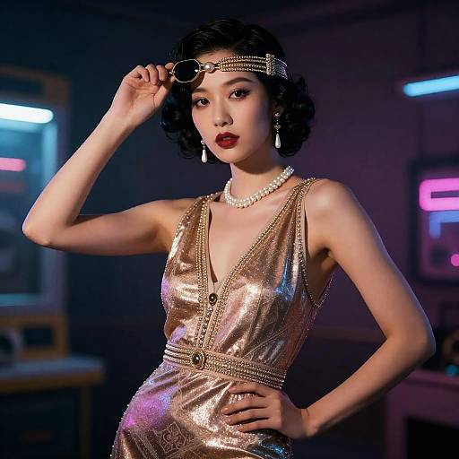Androgynous 1920s Flapper in Cyberpunk Neon
