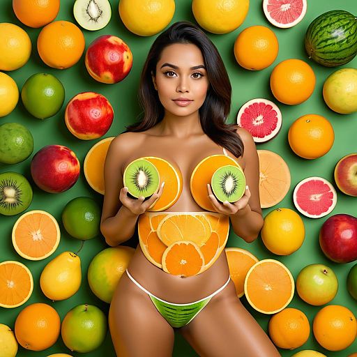 Confident Woman Surrounded by Ripe Fruits