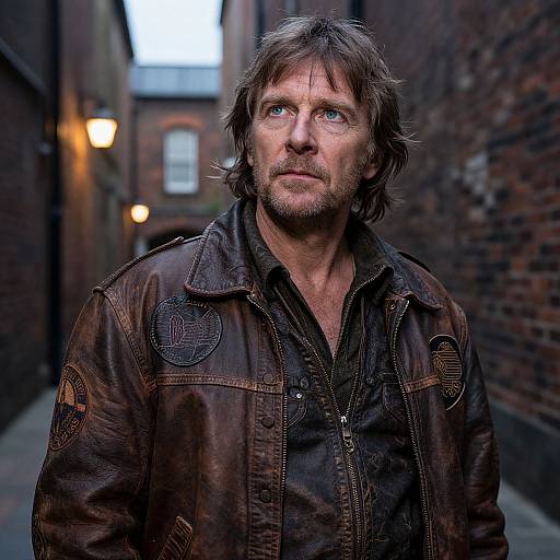 Photograph of a rugged, middle-aged man with blue eyes, brown messy hair, and beard, wearing a worn leather jacket, standing in a dim