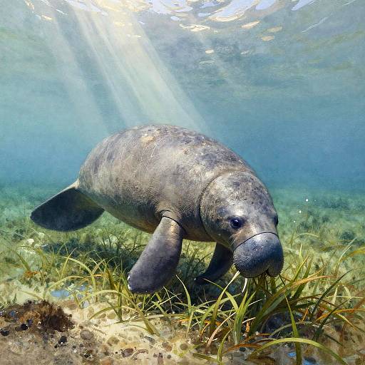 Photograph of a gray seal swimming underwater, surrounded by green seaweed, with sunlight rays filtering through the water.