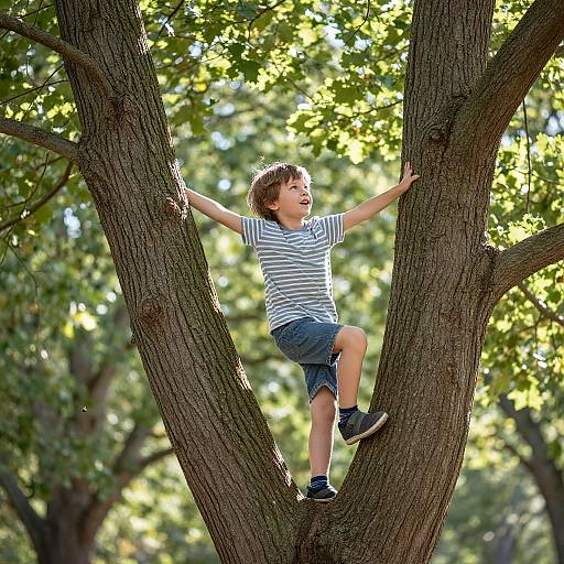 Joyful Boy Climbing Tree Outdoors