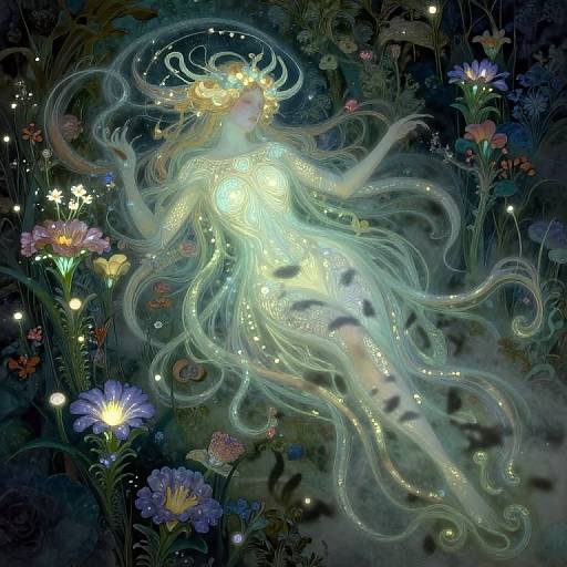 Whimsical digital painting of a glowing, ethereal figure with flowing, light-filled hair amidst a dark, enchanted forest of vibrant flowers and floating fire