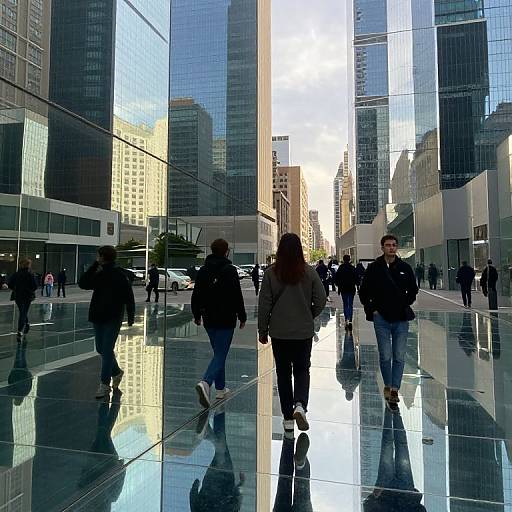 Photograph of a busy urban plaza with reflective glass walls, people walking, tall skyscrapers, and bright sunlight creating dynamic reflections.