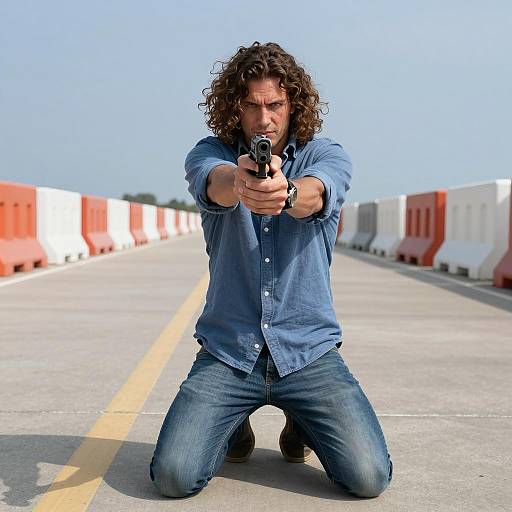 Man Kneeling with Handgun on Bridge
