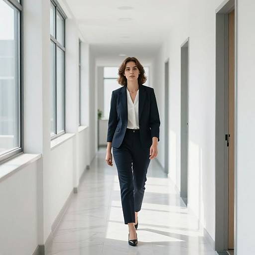 Photograph of a confident woman with curly brown hair, wearing a black blazer, white blouse, and black pants, walking down a bright, sun