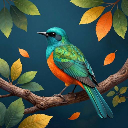 Digital painting of a vibrant blue-green and orange bird perched on a branch, surrounded by autumn leaves against a dark blue background.