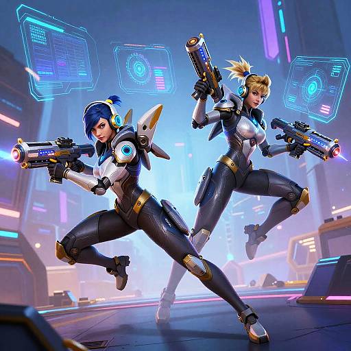 Digital artwork of two futuristic female soldiers in black and white armor, wielding neon-lit guns, in a vibrant, tech-filled urban setting.