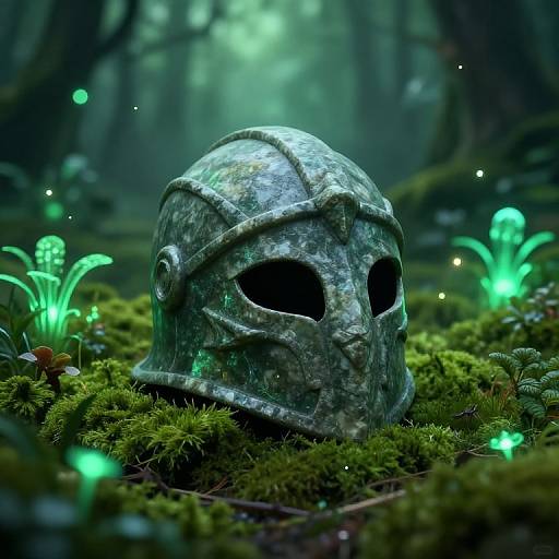 Photorealistic CGI of a moss-covered, green, ancient helmet with black eye holes, surrounded by glowing green mushrooms in a mystical forest.