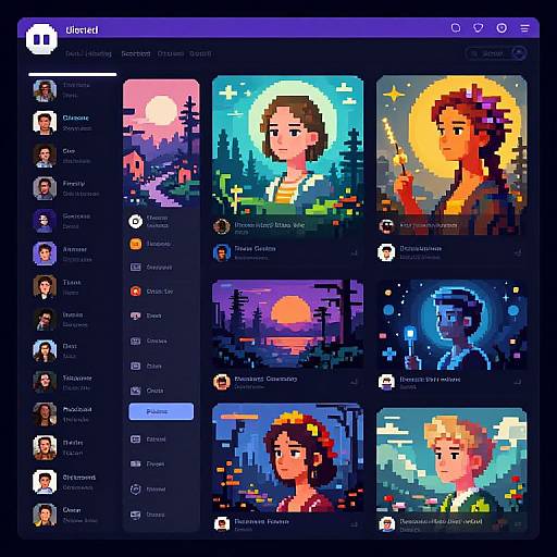 Pixel art gallery interface showcasing six vibrant, digitally drawn portraits with glowing backgrounds, each featuring distinct characters and celestial themes.