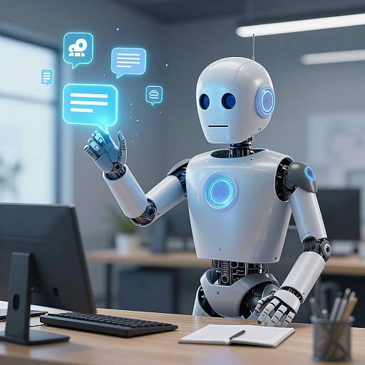 Photograph of a white, humanoid robot with blue glowing eyes and circuits, raising its hand, surrounded by floating blue interface icons, in a modern,