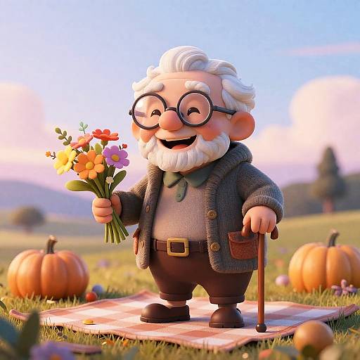 Whimsical Cartoon Elderly Man with Flowers
