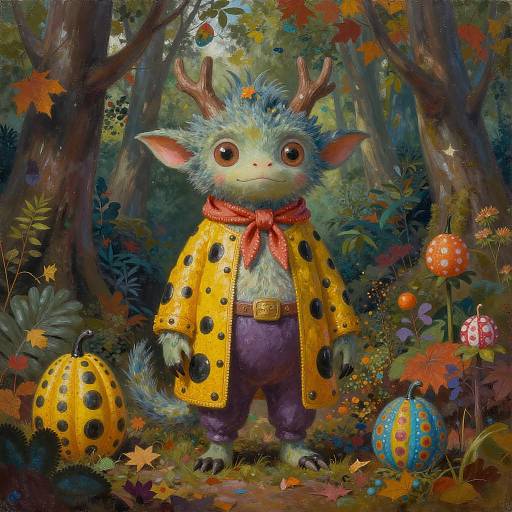 Whimsical digital painting of a cute, furry, deer-like creature with large eyes, blue fur, yellow spotted coat, red scarf, and purple