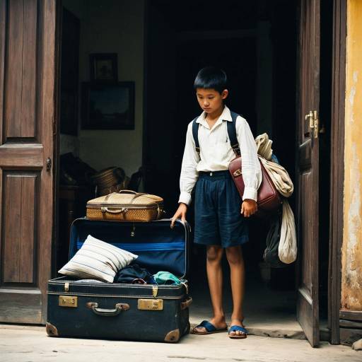 Adolescent Boy Packing Luggage at Traditional Home
