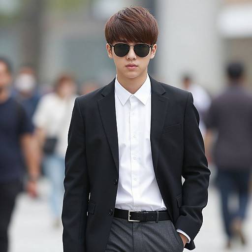 Photograph of a young Asian man with short brown hair, wearing black sunglasses, black suit, white shirt, and grey pants, standing confidently in a