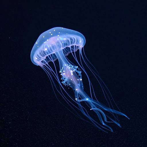 Photograph of a glowing blue jellyfish with translucent, flowing tentacles and bioluminescent spots, floating against a dark, starry ocean background