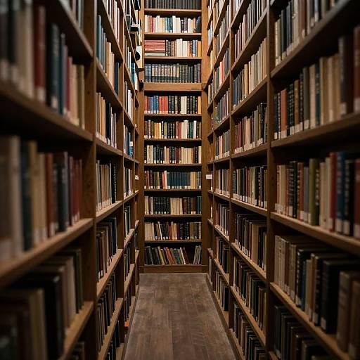 Photograph of a narrow, wooden bookshelf-lined library aisle, filled with colorful, vertically arranged books, leading to a brightly lit back wall.