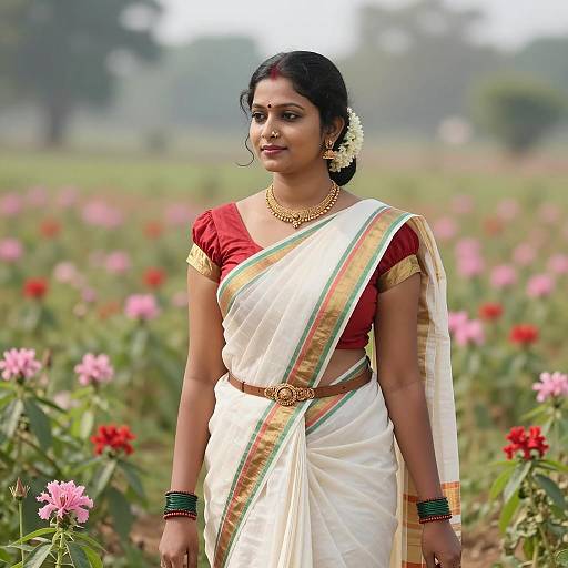 Elegant Indian Woman in Flower Field