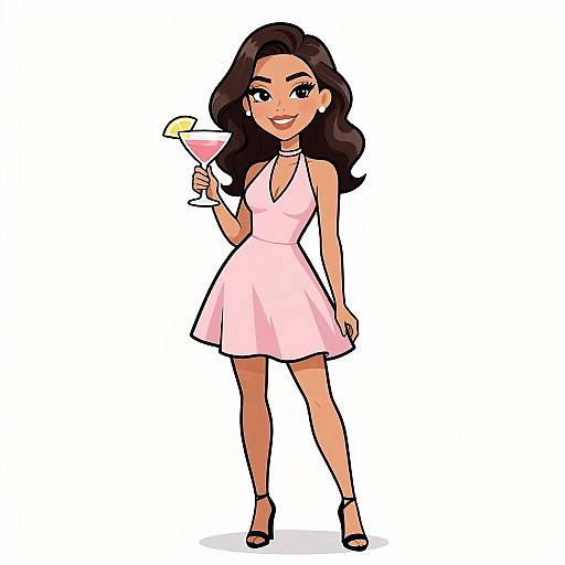 Cartoon-style illustration of a smiling woman with long dark hair, wearing a pink halter dress, black heels, holding a martini.