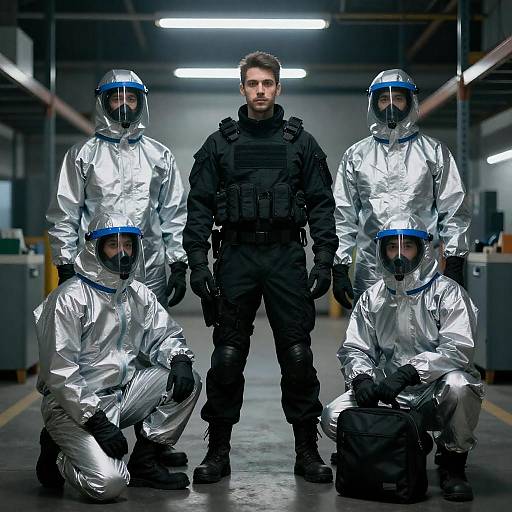 Tactical Operative Among Hazmat Crew