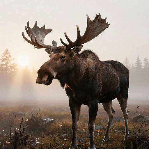 Vigilant Anthropomorphic Moose in Misty Wetlands