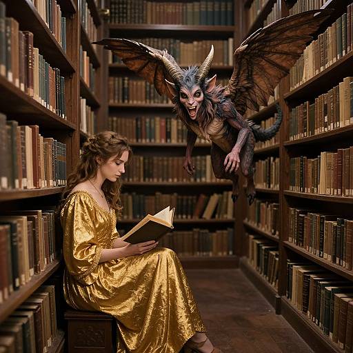 Photograph-style digital art: A young woman in a shimmering gold dress reads in a dimly lit library, with a menacing, winged demon
