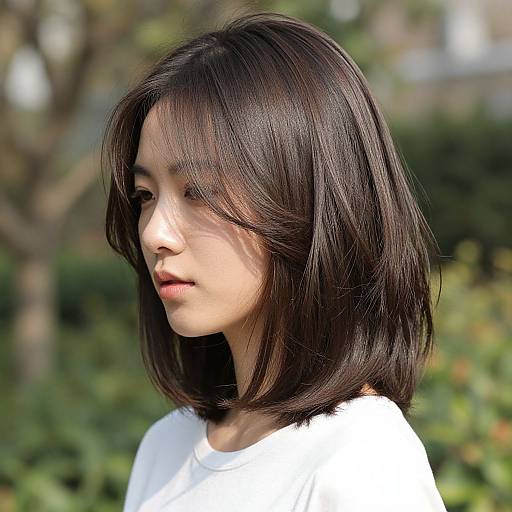 Photograph of an Asian woman with shoulder-length, straight black hair, wearing a white shirt, looking to the left, in a sunlit garden background