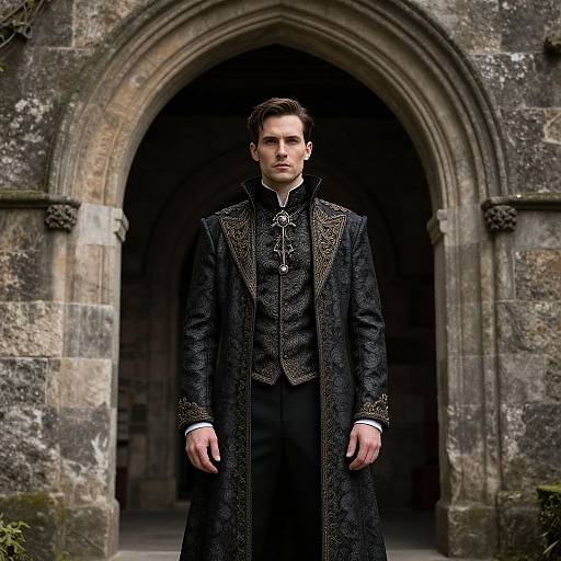 Photograph of a handsome young man with dark hair, wearing an ornate black Victorian-style coat, standing in a medieval stone archway.