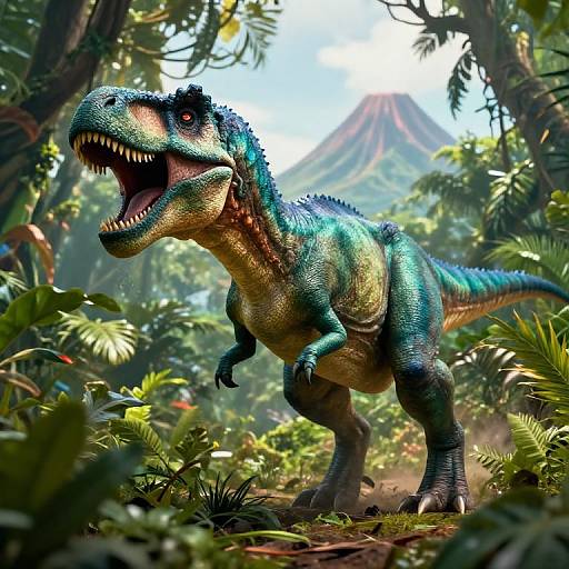 CGI image of a vibrant, blue-green, dinosaur with sharp teeth roaring in a lush, dense jungle with ferns and sunlight. Volcano in