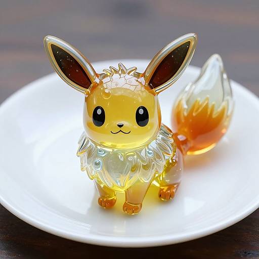 Photograph of a glowing, transparent Eevee figurine with large black eyes and brown-tipped ears, standing on a white plate, with a