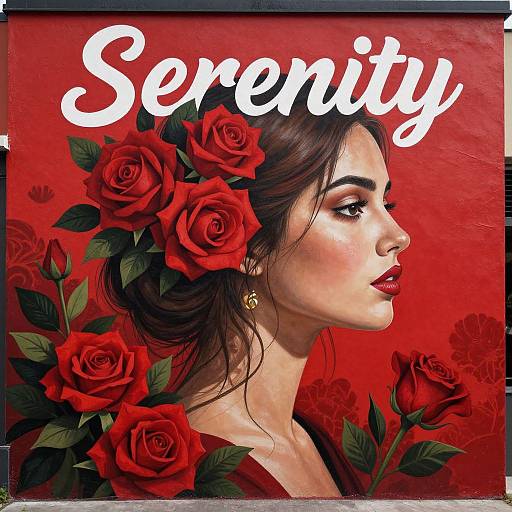 Digital painting of a fair-skinned woman with dark hair, red roses in her hair, side profile, red background, 