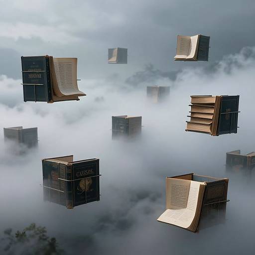 Photograph of floating, open and closed books among misty clouds, giving a surreal, ethereal sky scene. Books have dark covers with gold text