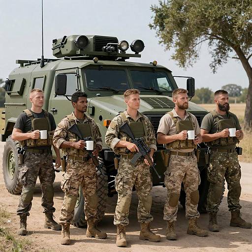 Military Crew with Modified Vehicle in Nature