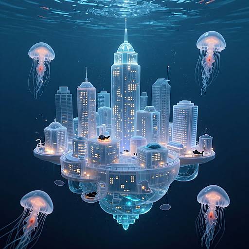 Digital artwork of a glowing, futuristic underwater city surrounded by bioluminescent jellyfish, set against a dark blue ocean backdrop.