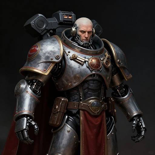 Digital artwork of a bald, stern-faced, armored warrior with metallic shoulders, gold accents, red cape, and mechanical backpack against dark background.