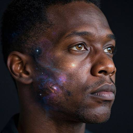 Photograph of a dark-skinned man with a galaxy-like glow on his cheek, looking to the right against a black background.