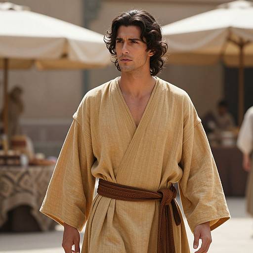 Photograph of a young man with dark, wavy hair wearing a beige, V-neck kimono-style robe with a brown belt, standing in a