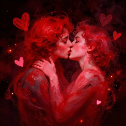 Digital painting of two red-haired figures kissing, surrounded by glowing pink hearts, with swirling red and black cosmic background.