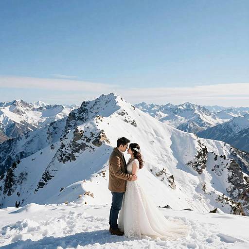 Photograph of a couple in winter wedding attire, standing on a snowy mountain peak, kissing, with a vast, clear blue sky and snow-covered peaks