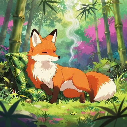 Digital drawing of a serene, orange fox with white chest and tail, eyes closed, standing in a vibrant, sunlit bamboo forest with colorful foliage and