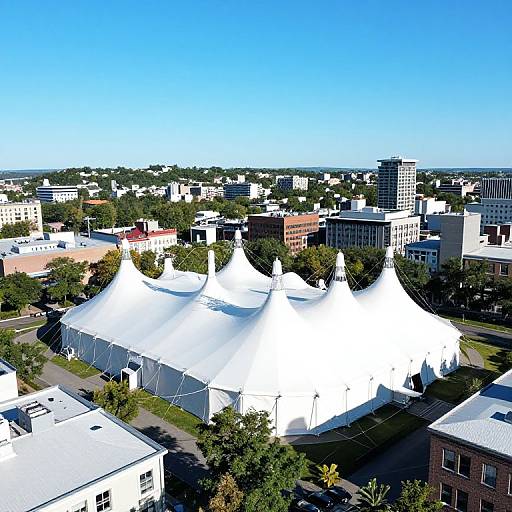 Aerial photograph of a white, tent-like structure with pointed peaks in a cityscape, surrounded by buildings and greenery under a clear blue sky.