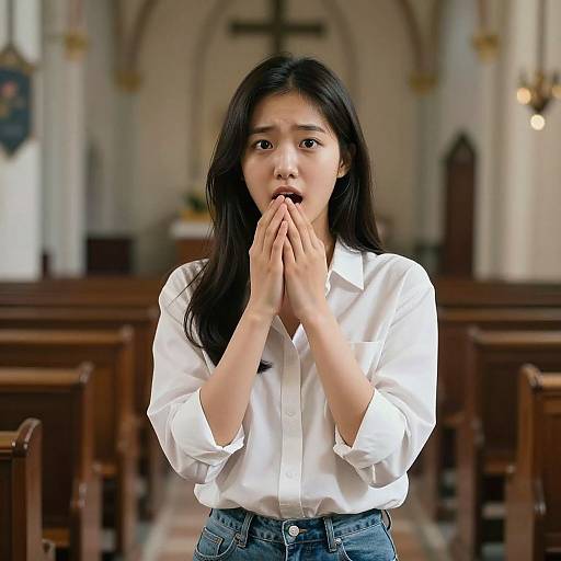 Photograph of a young Asian woman with long black hair, wearing a white blouse and blue jeans, standing in a church, hands covering her mouth in
